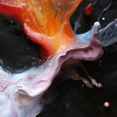 Fototapete - Abstract composition of mixed paint colors spilling across a dark surface with speckles and swirls. Fluid art with orange, red, blue and white shades