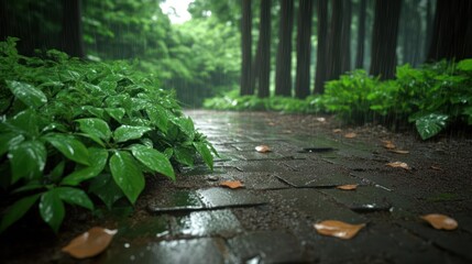 Leinwandbilder - Rainy forest path with green foliage and trees creating a tranquil atmosphere