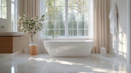 Aufkleber - Bathroom interior with white bathtub near a window overlooking greenery light coming through curtains. Decor includes a wooden cabinet a plant and white marble floor