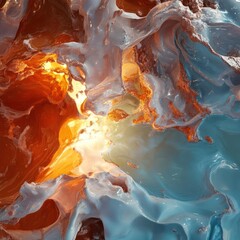 Poster - Abstract art with fluid forms vibrant colors of orange and blue illuminated with a bright light source and textures