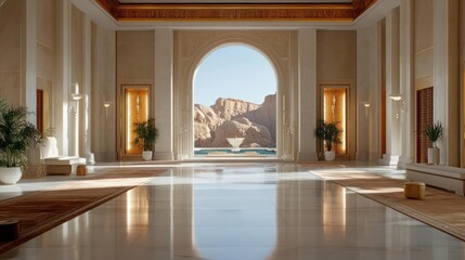 Aufkleber - Elegant interior with ornate archway framing a desert mountain landscape reflecting on polished marble floor featuring plants and ornate decorations