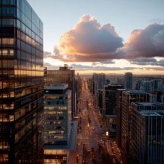 Aufkleber - Aerial cityscape view at sunset featuring modern skyscrapers a bustling street below and dramatic cloud formations in the sky