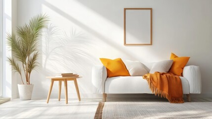Poster - Bright white living room with couch pillows throw rug wooden side table and framed wall art plant and natural sunlight