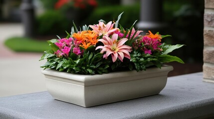 Aufkleber - Close up shot of a rectangular flower planter with vibrant orange pink and purple blooms surrounded by lush green foliage set on a ledge. Blurred background. Soft natural light