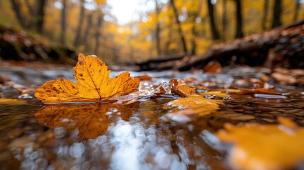Leinwandbilder - Autumnal river scene with a close-up of vibrant yellow leaves floating on the water reflecting the golden foliage background