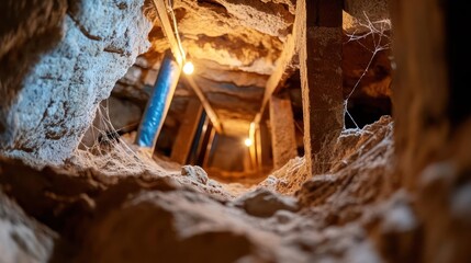 Fototapete - Tunnel interior view with wooden supports illuminated by warm lights and textured rock walls in a tight space perspective