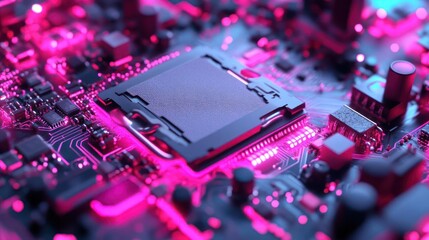 Aufkleber - Close up view of a glowing computer chip with neon pink and blue lighting over a black background, showcasing technological details and futuristic design