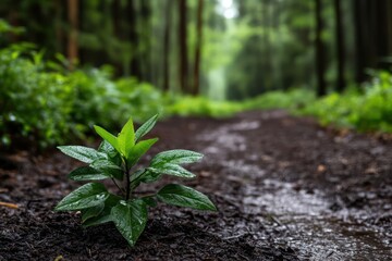 Poster - A vibrant green plant thrives on a muddy path in a dense forest with tall trees in the background and droplets