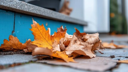 Aufkleber - Close up of fallen leaves on the ground with colorful autumn foliage near a blue painted step and a blurred background