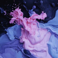 Aufkleber - Abstract splash of pink and blue liquid paint against a dark background creating a dynamic fluid forms and textured surfaces