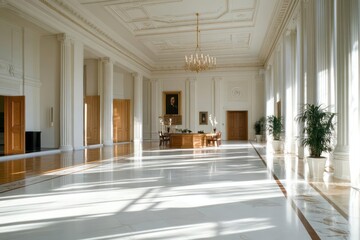 Poster - Spacious bright interior of a formal building with marble floor columns and doors with painting and chandelier