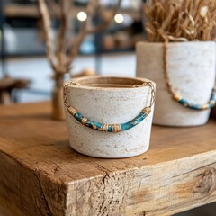 Aufkleber - Close up of handcrafted jewelry display on a wooden table with textured pots and dried plants in the background