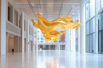 Poster - Golden abstract sculpture suspended in a modern white lobby with reflective floor glass facade and natural lighting