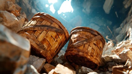 Fototapete - Two wicker baskets amidst rubble illuminated by dramatic sunlight creating a scene of destruction and resilience. The textures of the stone and baskets add to the narrative