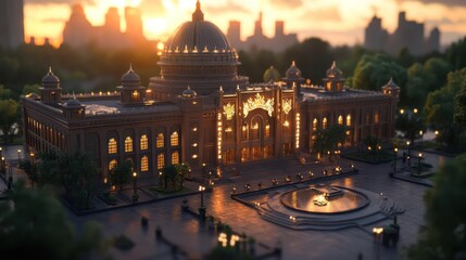 Poster - Grand architectural building illuminated by warm golden light at sunset creating an atmosphere of historical significance and urban serenity