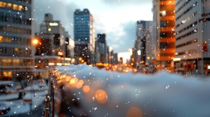 Aufkleber - Snow falling on a city street with buildings and street lights blurred background a winter urban scene with festive lights and a snow covered rail