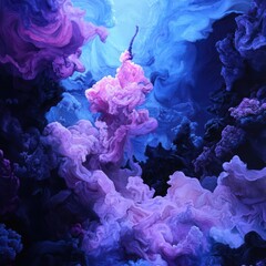 Poster - Abstract fractal digital art with swirling cloud-like formations in shades of purple and blue against a dark backdrop with a center rising plume of light