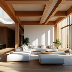 Poster - Modern living room interior with wooden beams large windows and white furniture creating a bright and airy atmosphere