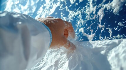 Poster - Close up of a person's hand touching a textured surface with blue and white elements in a bright light setting