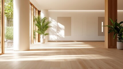 Aufkleber - Interior design with natural light illuminating wood flooring and plants beside large windows and minimalistic wall art with a sense of calm and tranquility
