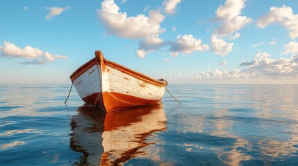 Poster - Generic boat floating on calm water reflecting sky and clouds during sunny day
