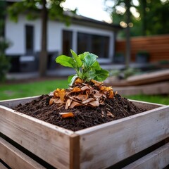 Leinwandbilder - Wooden planter box with soil and young plant with green leaves and dried leaves, house and blurred backyard background daylight shot