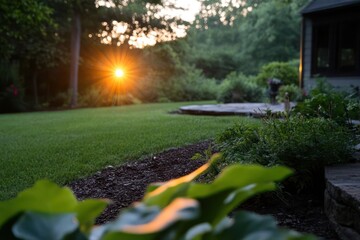 Aufkleber - A sunburst over a lush green lawn and garden area at dusk with dark borders foliage and a house side with trees in the blurred background