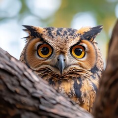 Poster - Close-up portrait of an owl with striking orange eyes peeking through tree branches with blurred green and yellow foliage background