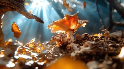 Poster - Close up of a mushroom in a forest with sunlight rays, surrounded by fallen leaves and branches. Autumnal scene with warm colors and atmospheric lighting