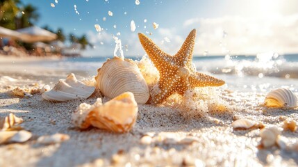Aufkleber - Starfish and shells on sandy beach with water splashes under sunlight. Tropical coastal scene with clear blue sky and palm trees. Summer vacation concept