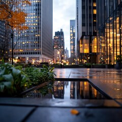 Poster - Cityscape evening view with buildings reflected in water puddles plants on ground with focus on foreground ground grey pavement and reflections