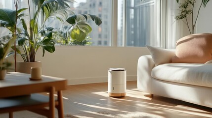 Aufkleber - Interior living space with natural light wooden floor plants and a couch