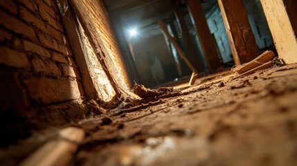 Fototapete - Low angle shot of a dusty and narrow tunnel interior with brick walls and scattered debris illuminated by a distant bright light