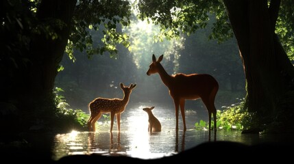 Leinwandbilder - Two deer and a fawn standing in a shallow stream, bathed in sunlight filtering through the trees. Green vegetation surrounds them. Soft and dreamy atmosphere