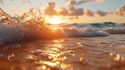 Aufkleber - Close up of ocean waves splashing with golden sunlight and clouds during sunset reflecting the sun on the water surface