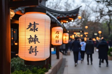 Poster - Lit paper lanterns hanging in a traditional architectural setting with people walking in the background