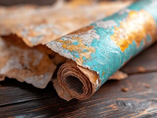 Poster - Rolled old wallpaper with peeling paint showing turquoise and gold colors on a dark wooden surface with blurred background