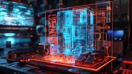 Futuristic Computer Motherboard with Holographic Overlay