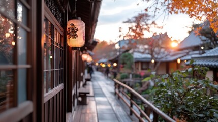 Aufkleber - Generic street scene featuring wooden buildings paper lanterns and autumn foliage bathed in warm sunset light creating a serene atmosphere