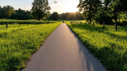 Aufkleber - Pathway through vibrant green fields at sunset with sunbeams streaming through trees and a clear sky creating a serene landscape