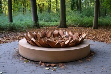 Aufkleber - Circular brown stone planter with metal leaf design filled with autumn leaves outdoors surrounded by trees in natural light