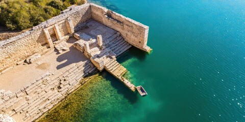 Aufkleber - Aerial view reveals stone structure partially submerged in turquoise water with small boat docked and sunlit textures