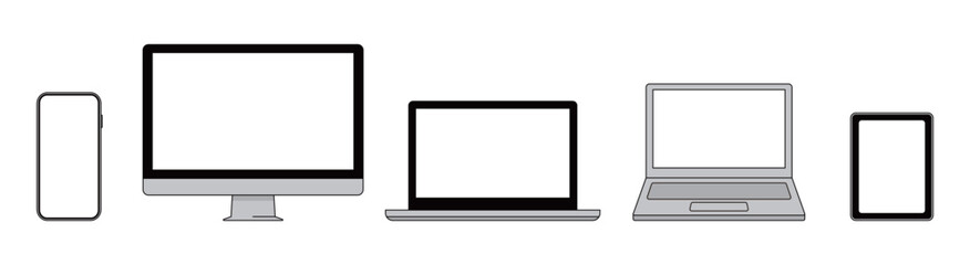 Device Illustration. Smartphone, PC, laptop, tablet. Blank screen for your design. Icon, frame, background.
