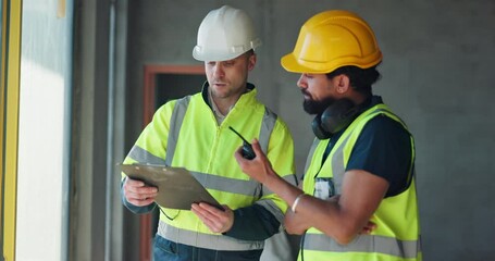 Poster - People, architect and discussion with clipboard for construction, site inspection and architecture design. Staff, document or blueprint checklist, review maintenance and safety compliance and project