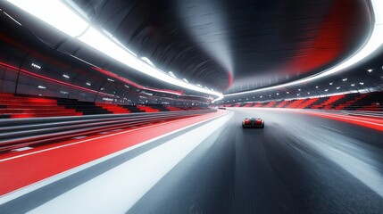 Wall Mural - Futuristic Race Track with Sleek Car in Motion, Highlighting Dynamic Curvature and Vibrant Lighting Effects in a High-Speed Environment