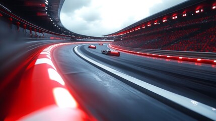 Wall Mural - High-Speed Racing Action on Dynamic Circuit with Dramatic Lighting and Blurred Motion Capturing the Thrill of Motorsport Competition