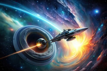 Wall Mural - a futuristic spacecraft navigates a swirling nebula, exiting a cosmic ring portal through a vibrant,