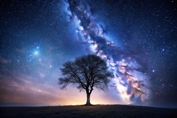 Wall Mural - Solitary Tree Silhouetted Against a Breathtaking Celestial Display of Stars and Nebulous Clouds