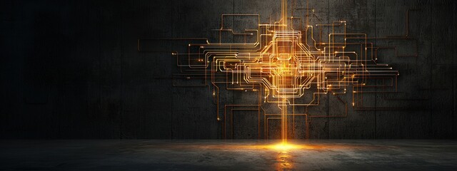 Wall Mural - a wall with a large, glowing, abstract design of wires and circuits