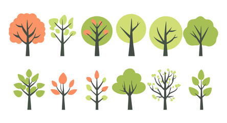Set of tree and leaf collection hand drawn flat design vector element. botanical set of bare trees and ones with leaves and lush green